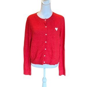 Old Navy Jacquard Cozy Knit Cardigan Sweater Red With White Heart Womens Medium